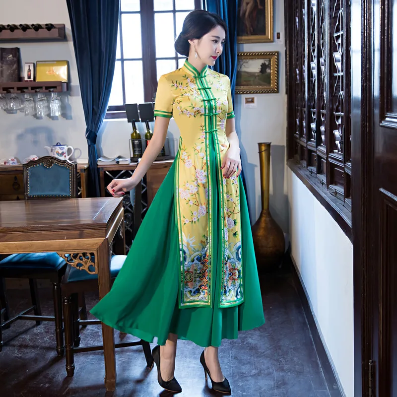 

Женское платье-Ципао с цветочным принтом, Длинное свободное Плиссированное Платье для выступлений, китайское платье большого размера, 2 шт.,...