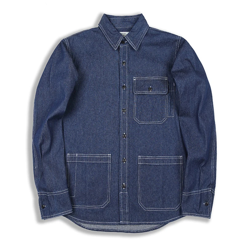 

Ok1301 Autumn Men Vertical Striped Cargo Denim Shirts Multi-Pocket Classic Daily Fashion Japan Style Student Long Sleeve Tops