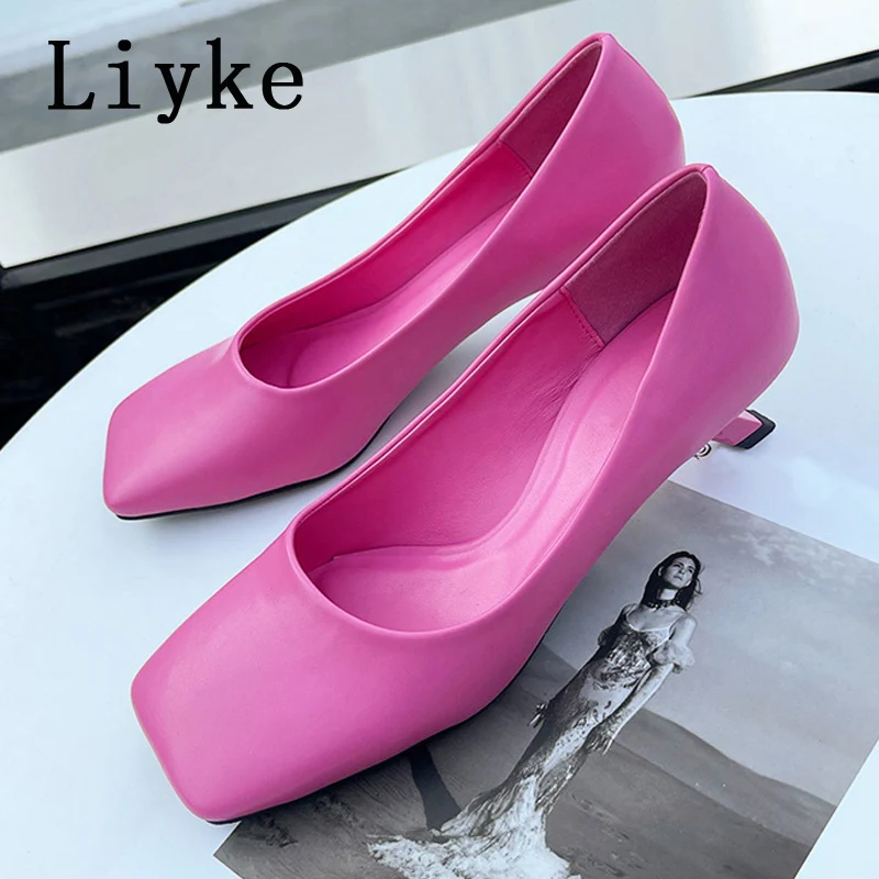 

Liyke 2022 New Mules Woman Pumps Fashion Square Toe Shallow Slingback Ladies 4cm Low Heels Elegant Dress Shoes Stilettos Mujer