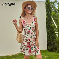 zogaa dress women summer new hot selling strap tight sexy sling floral printed above knee v neck a line beach holiday female hot