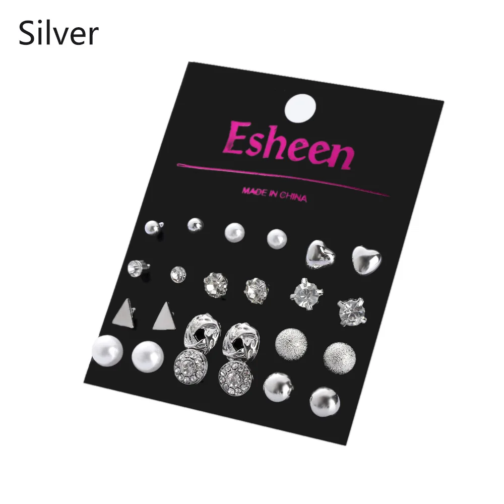 Silver 6/12 пар, простые изысканные элегантные свадебные серьги-гвоздики с геометрическим кристаллом, набор женских сережек из сплава с круглым цирконием, ювелирные наборы - Окраска металла: Silver