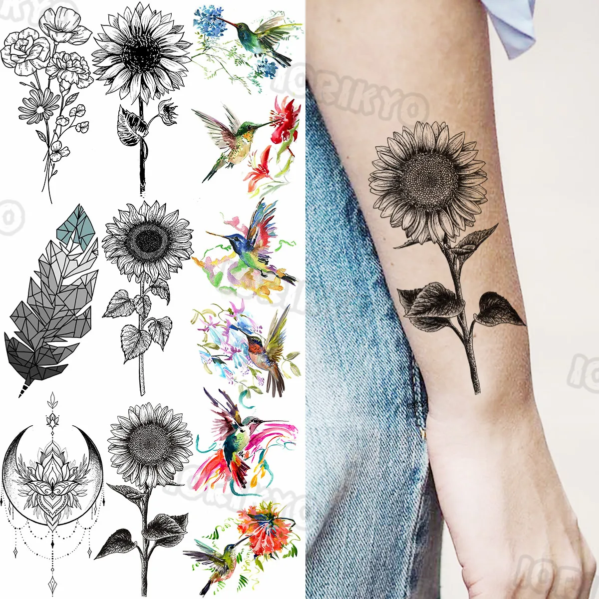 

Sunflower Small Temporary Tattoos For Women Girls Realistic Henna Watercolor Hummingbird Fake Tattoo Sticker Arm Body Tatoos 3D