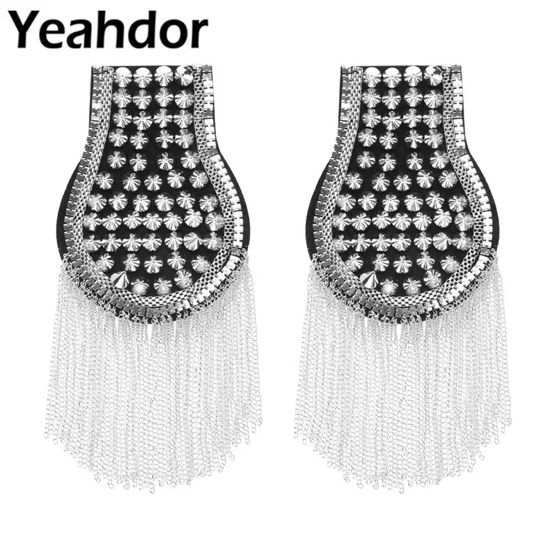 

1 Pair Unisex Mens Fashion Gothic Punk Style Shoulder Brooch Long Tassel Link Chain Epaulet Vintage Rivets Shoulder Boards Badge