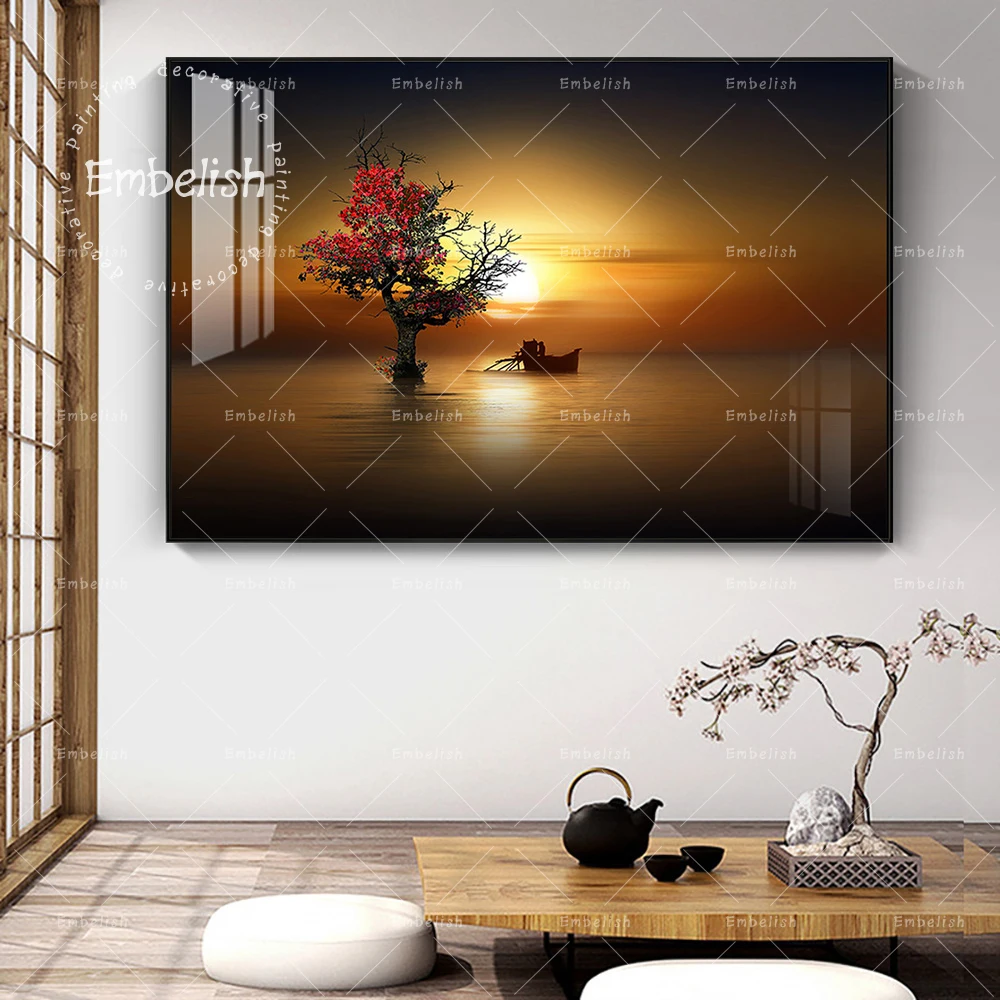 

Embelish Beautiful Tree And Sailing Boat On The Sea Landscape HD Print Canvas Paintings For Living Room Home Decor Artworks