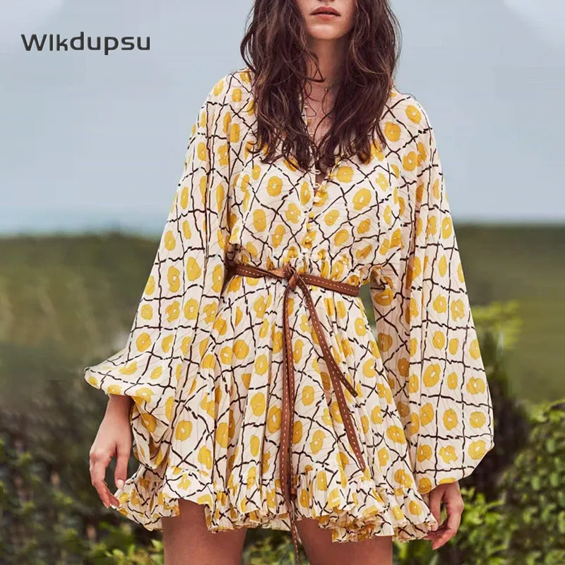 

2021 Spring Fall New Fashion Stand Collar Lantern Long Sleeve Printed Shirt Dress Cotton Casual Holiday Vacation Mini Dresses