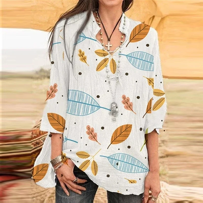 

Women Autumn Elegant Print Blouse Shirts Fashion V-Neck 3/4 sleeve Shirt Tops Casual Loose Plus Size Pullover Streetwear Blusas