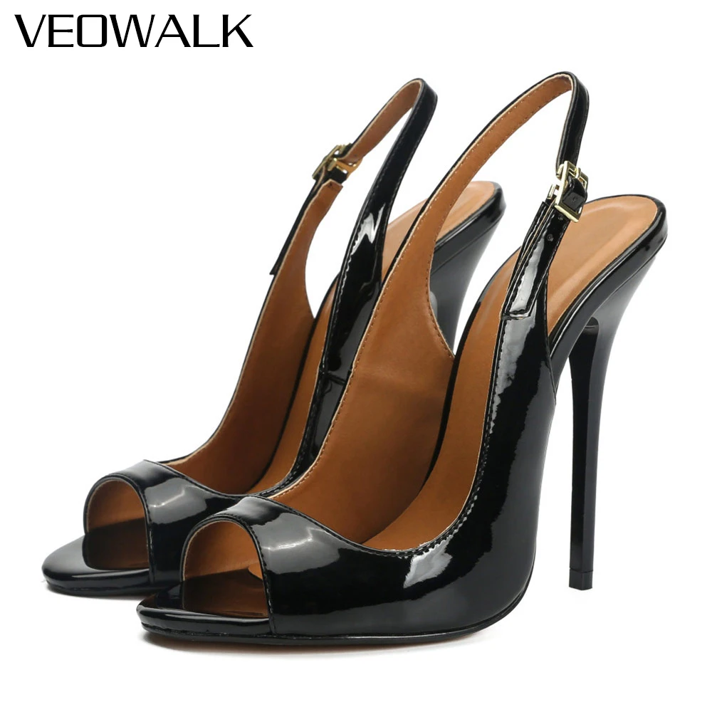 

Veowalk 13cm High Heel Women Patent Leather Peep Toe Slingback Sandals Sexy Drag Queen Crossdressing Stiletto Pumps Size 37-48