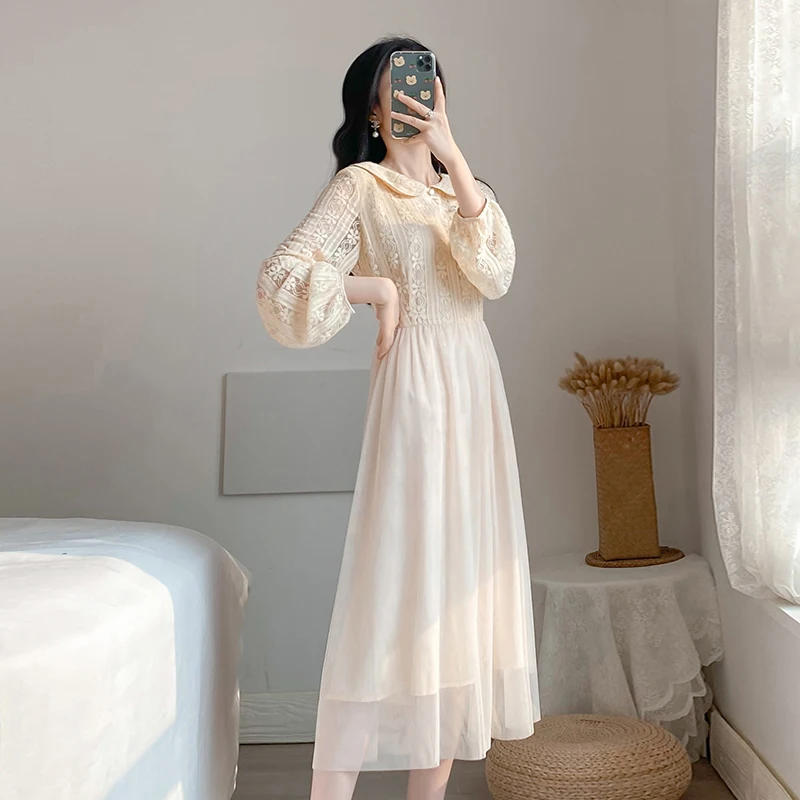 Женское винтажное платье-миди с высокой талией и отложным воротником | Женская