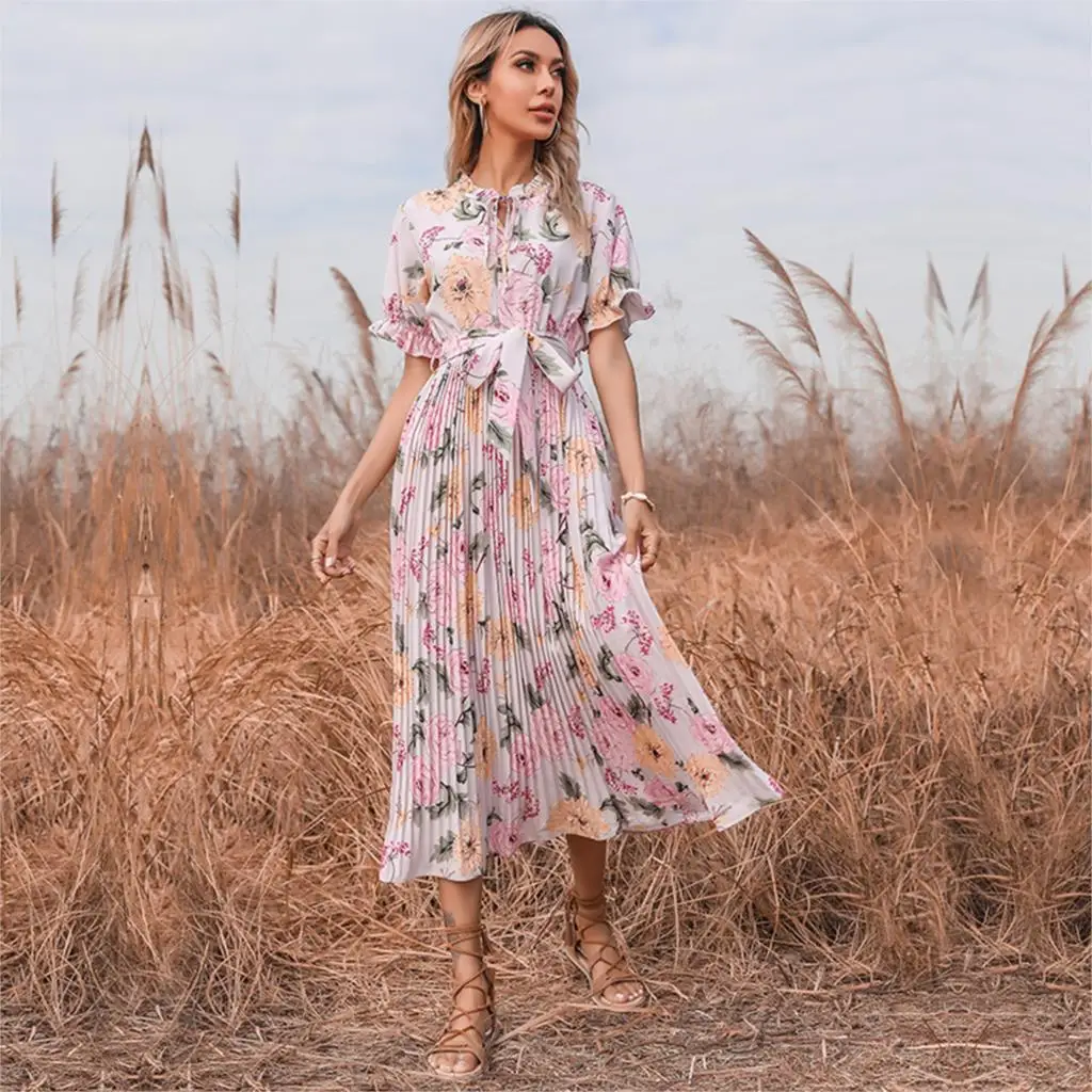 

Женское платье макси с цветочным принтом, элегантный сарафан с коротким рукавом и оборками на шее, лето 2021