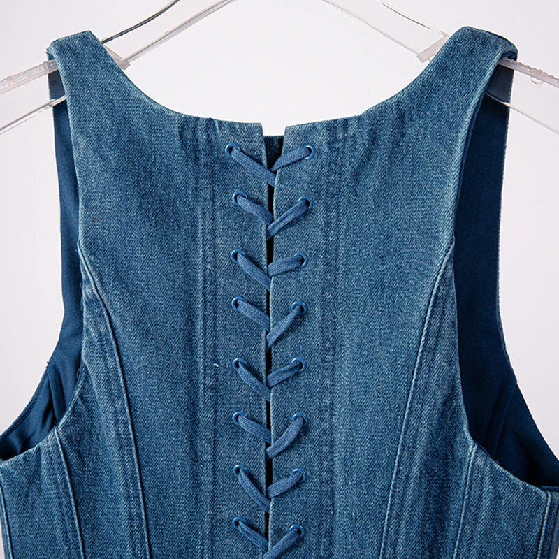 

[EAM] Women Vintage Zipper Cross Bandage Blue Denim Tank Tops New Sleeveless Personality Fashion Spring Autumn 2021 1DD4427
