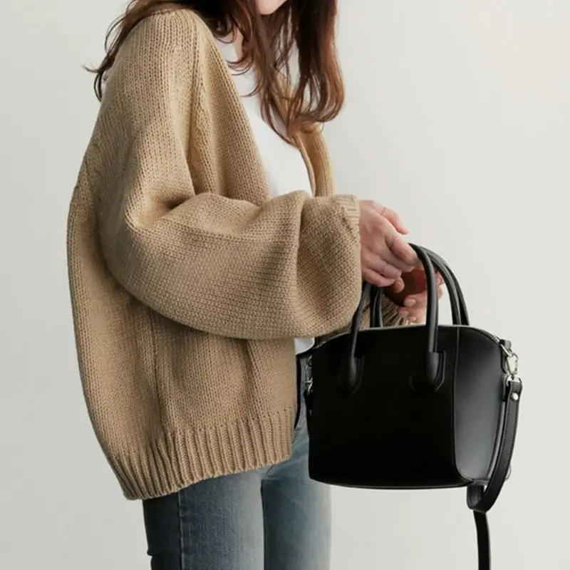 Womens Long Puff Sleeves Open Front Cardigan Tops Crochet Knitted Solid Color Short Sweater Coat Lounge Casual Loose Outwea |