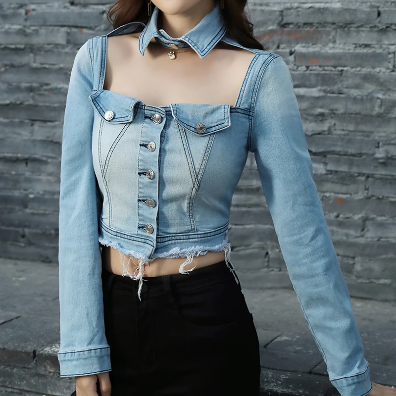 Women 2023 Short Casual Denim Coat New Autumn Long Sleeve Hot Fashion Sexy Jeans Jacket images - 6