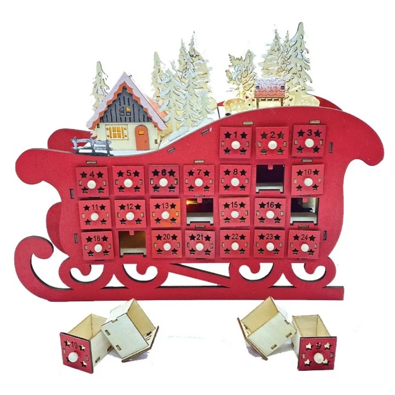 

New Countdown Sleigh Calendar Decoration Christmas Wooden Advent Calendar Countdown Decoration 24 Drawers with LED Light
