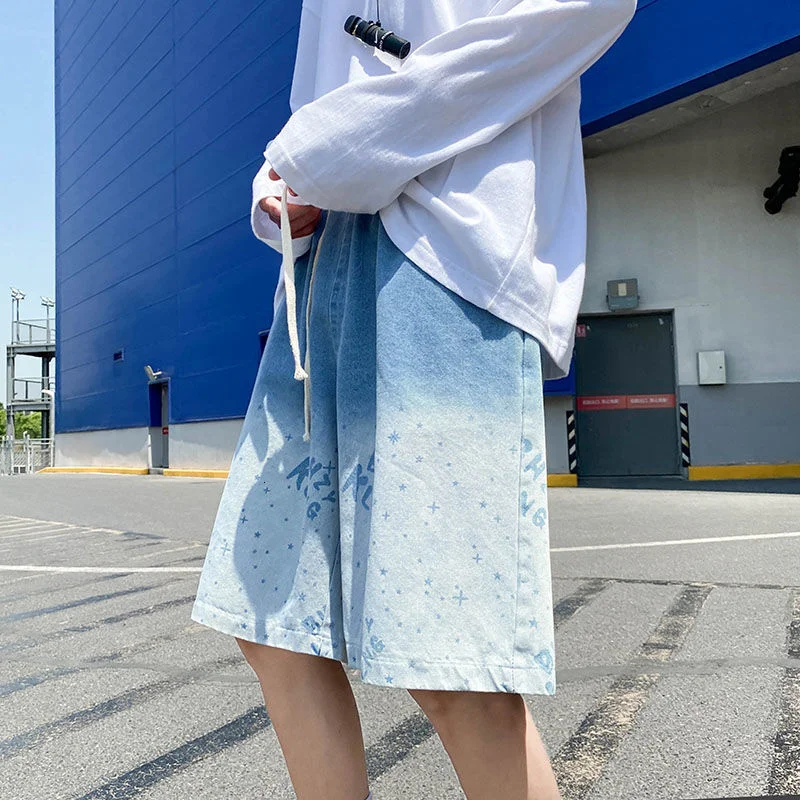 

Trendy Gradient Starry Jeans Oversize Casual Five-point Demin Pants Thin Hip-hop Streetwear Straight Wide-leg Shorts Summer