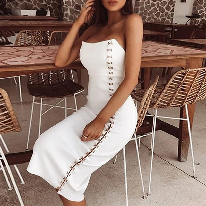 

Strapless Button Pencil Dress Ladies Solid Bodycon Slim Slash Neck Women Dress Elegant Party Club Package Hip Mini Dresses