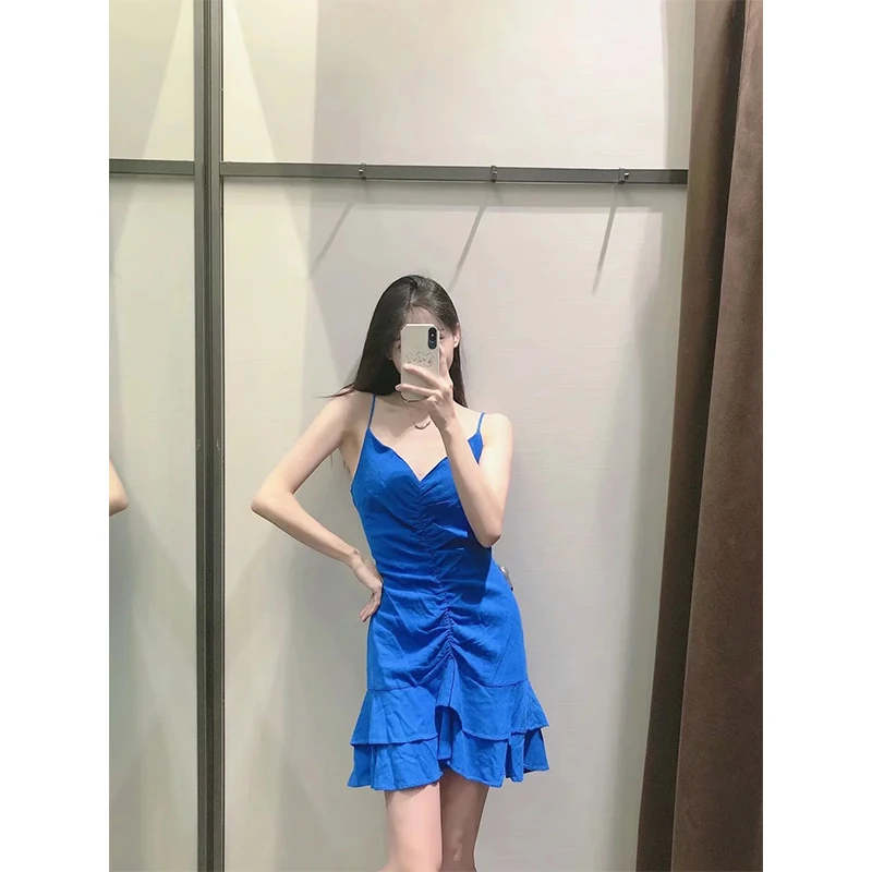 

Za Dress Woman Slip Mini Summer Dress Women Ruched Cut Out Blue Thin Straps Backless Sexy Dresses 2021 Beach Dresses
