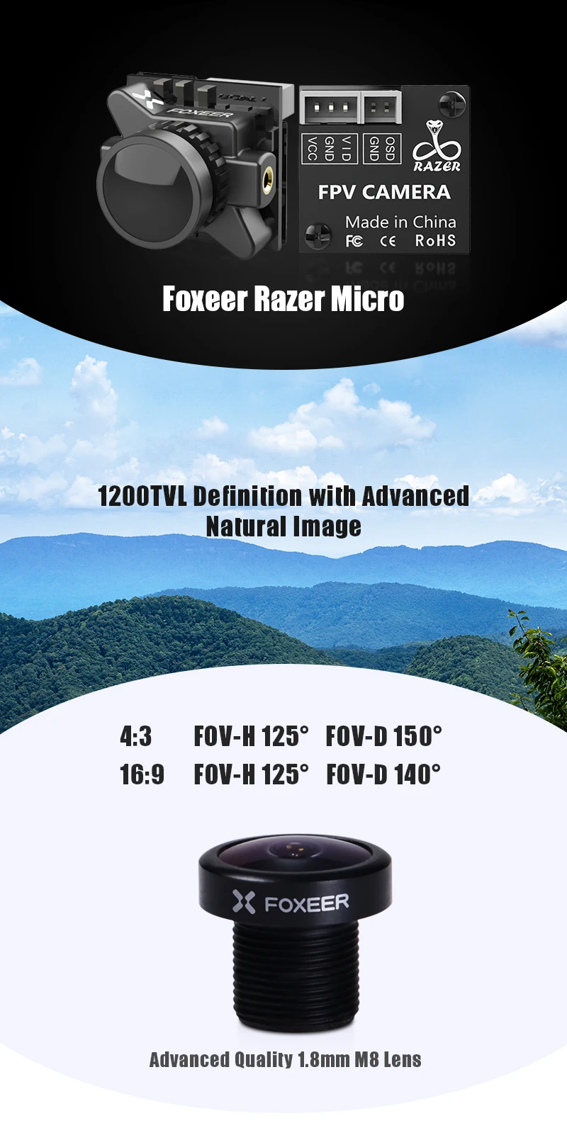 Foxeer razer Mini Micro HD 5MP 2,1 мм M12 1200TVL PAL NTSC 4'3 16'9 FPV камера с OSD 4,5-25 V естественное изображение FPV гоночный Дрон