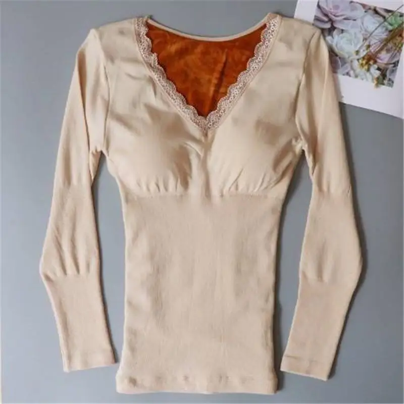New Autumn Winter Women Thermal Underwear Female Plus Velvet Warm Thicken Body Shapped Slim Bottoming Top S21 |