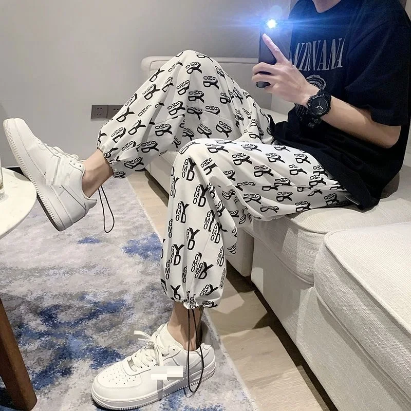 

summer men korea style pants ankle length plus size 6XL high street hip hop letter cool pants oversize loose thin pants