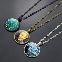 van gogh art oil paintings necklace art glass cabochon jewelry starry night sky sunflower pendant women lover girl gifts