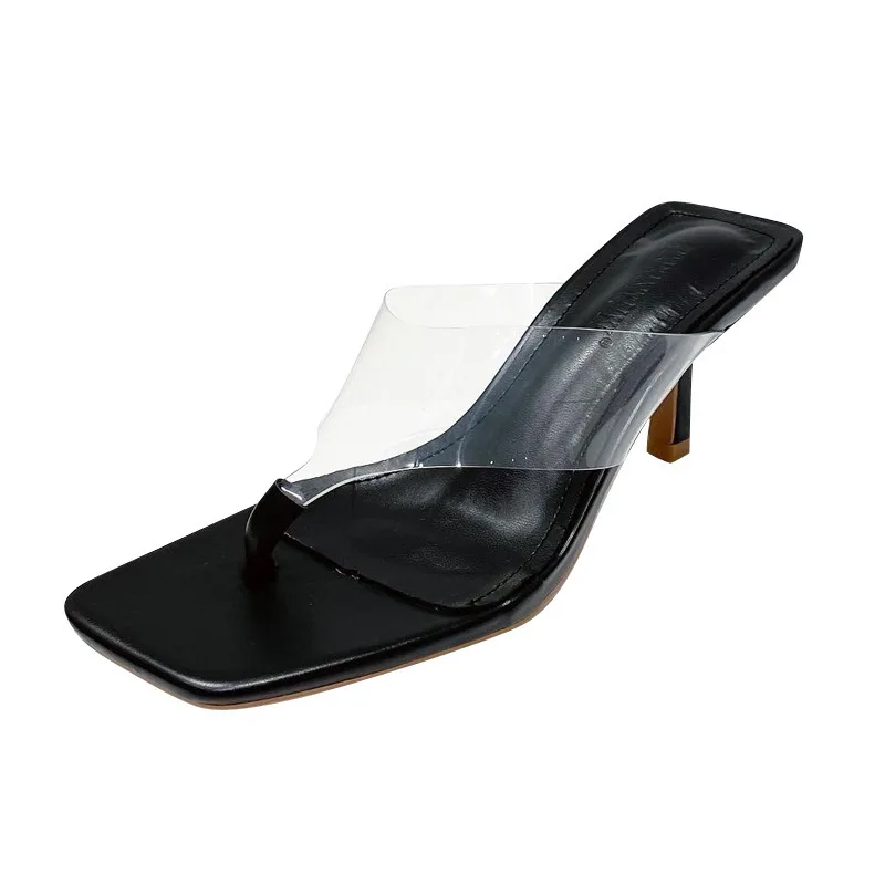 

Female Shoes Transparent Slippers Square Toe Low Slides Women Heels Rubber Flip Flops 2021 High Hawaiian Fretwork PU Fabric PVC