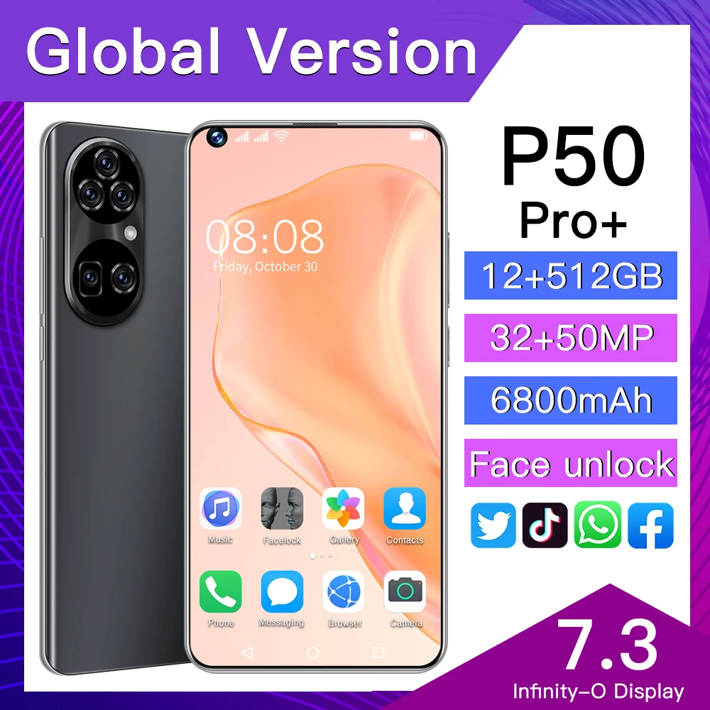 

P50 Pro+ Smartphone Android Global Version 7.3in Display Qualcomm 888 10Core 5G Dual Card Dual Standby Unlocked Cell Phones