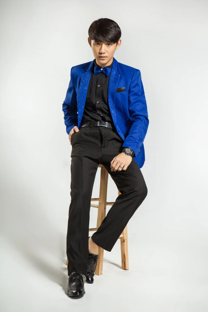 

Size Men Lager Clothing Free Shopping Moderator Male Singer Performances Korean Navy Blue Diamond Paste Suits Dress / M-xl