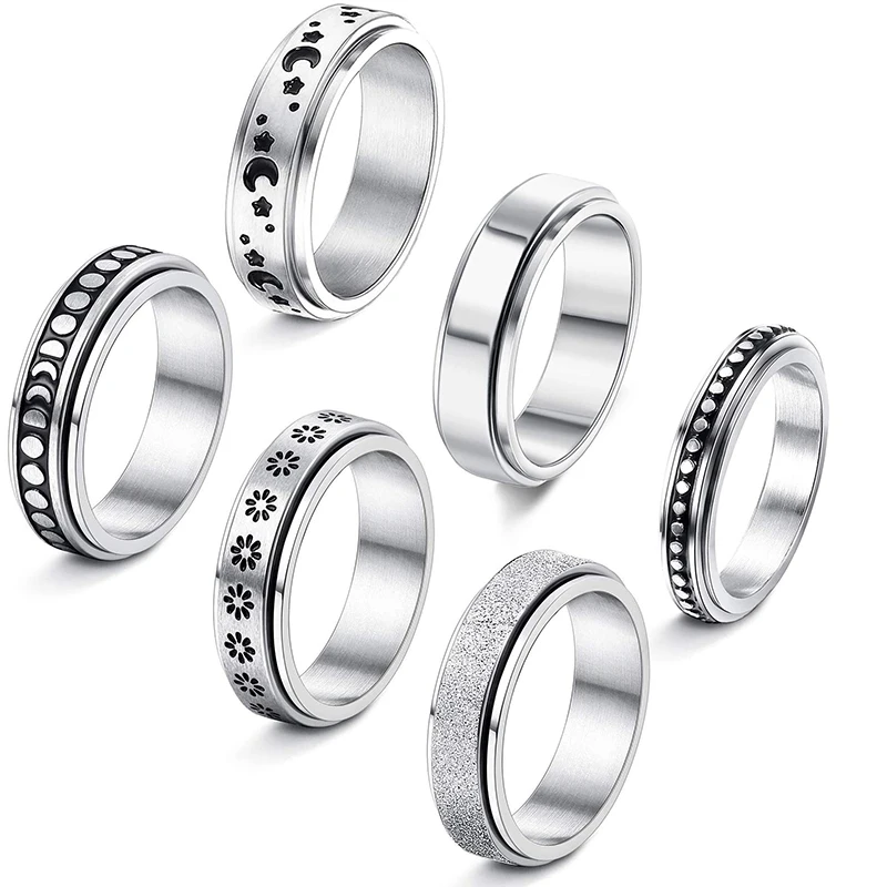 

6Pcs Stainless Steel Fidget Rings for Women Men Anxiety Moon Star Matching Flower Cat Spinner Band