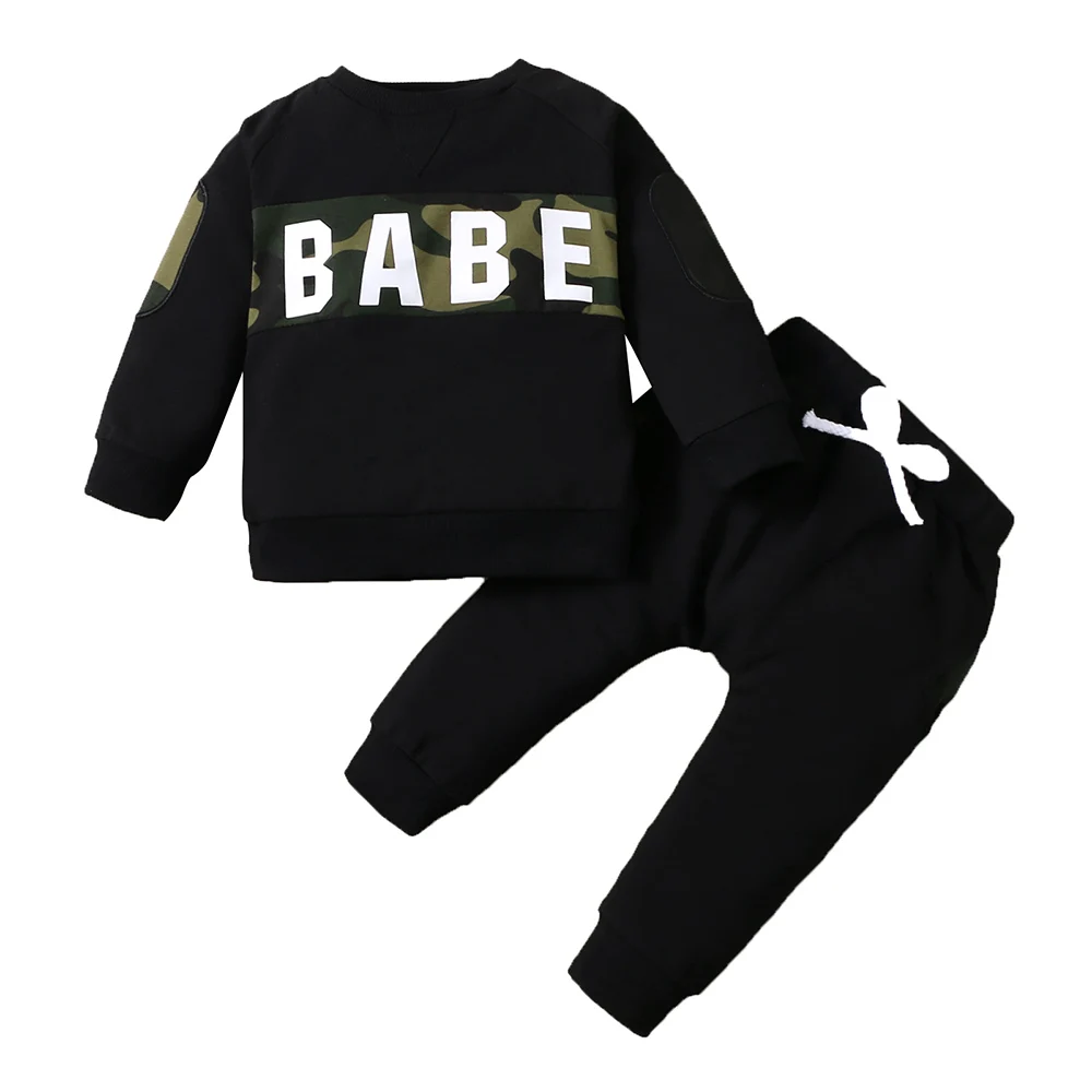 

Newborn Baby Boys Elastic Waist Patchwork Long Sleeve Cotton Camouflage Casual Autumn Round Neck Pullover Pants 2 Piece Set