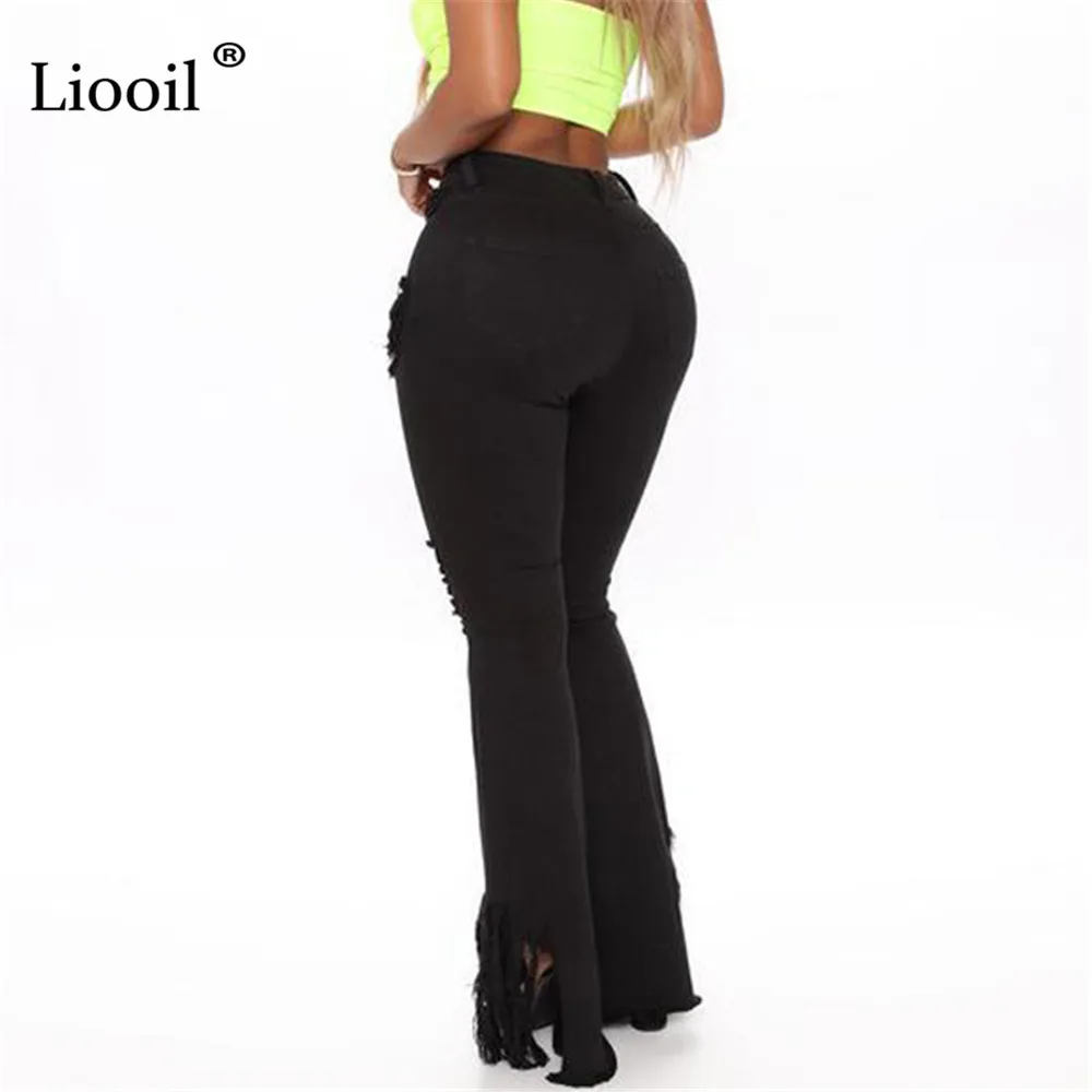 

Liooil Sexy High Waist Skinny Flare Jeans For Women Streetwear Distressed Jean Trouser Blue Black Hole Denim Pants Bell Bottoms