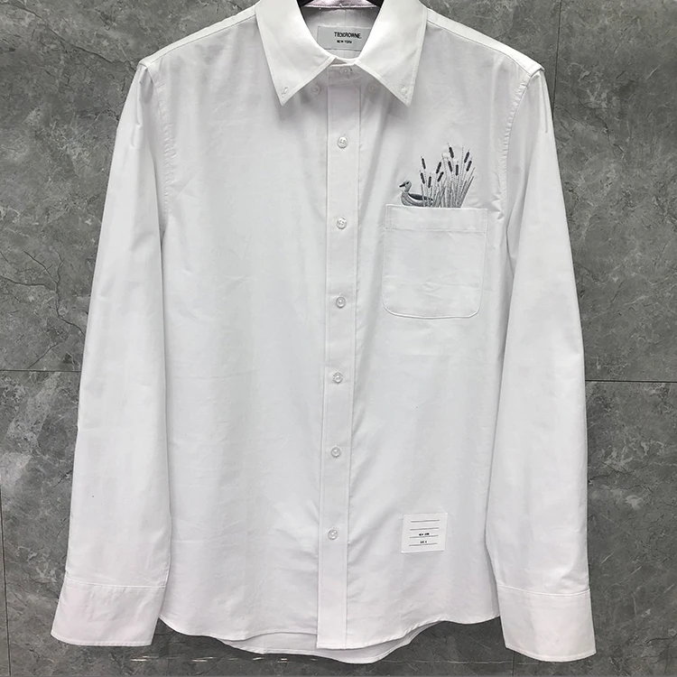 

Fashion TB 2021 THOM Brand Shirts Men Long Sleeve Casual Shirt Turn Down Collar Oxford Bird Embroidery White Men's Clothing