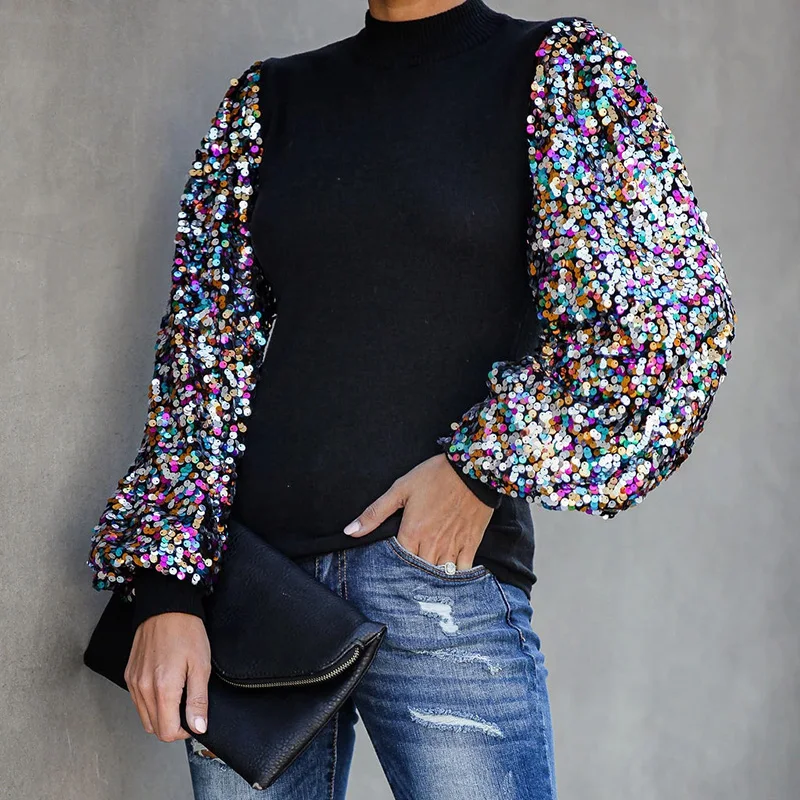 Модная женская футболка с блестками Весенняя длинным рукавом и фонариком