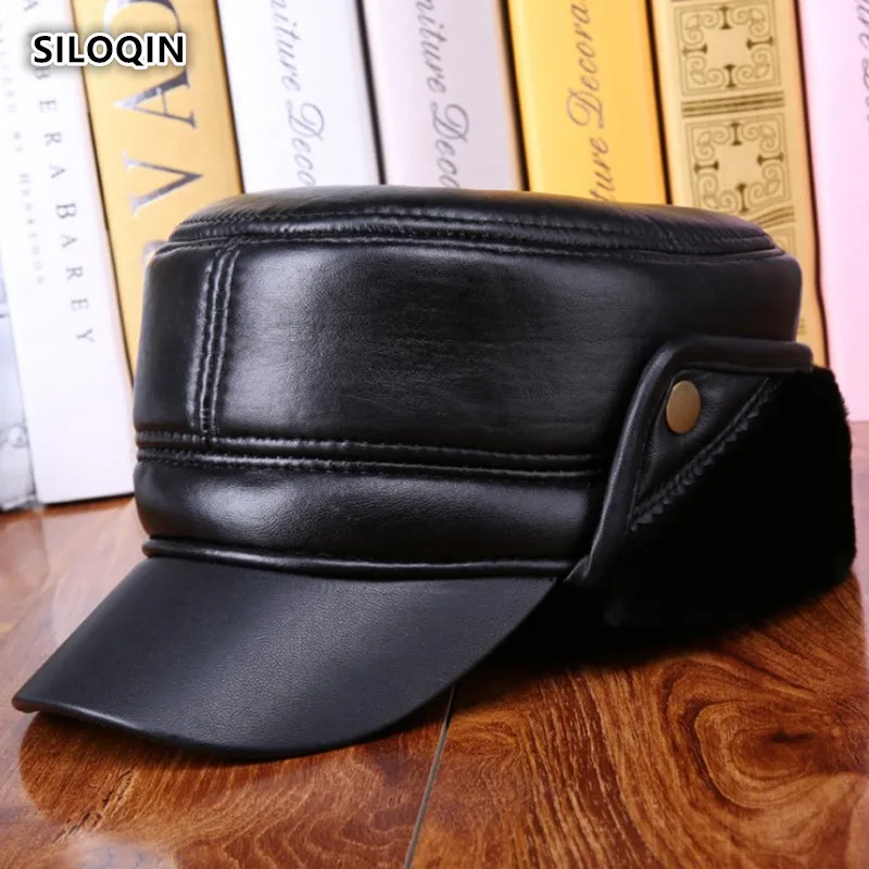 

SILOQIN Dad Hat Quality Genuine Leather Hat Middle-aged Men Winter Warm Thicken Flat cap Sheepskin Earmuffs Velvet Military Hats