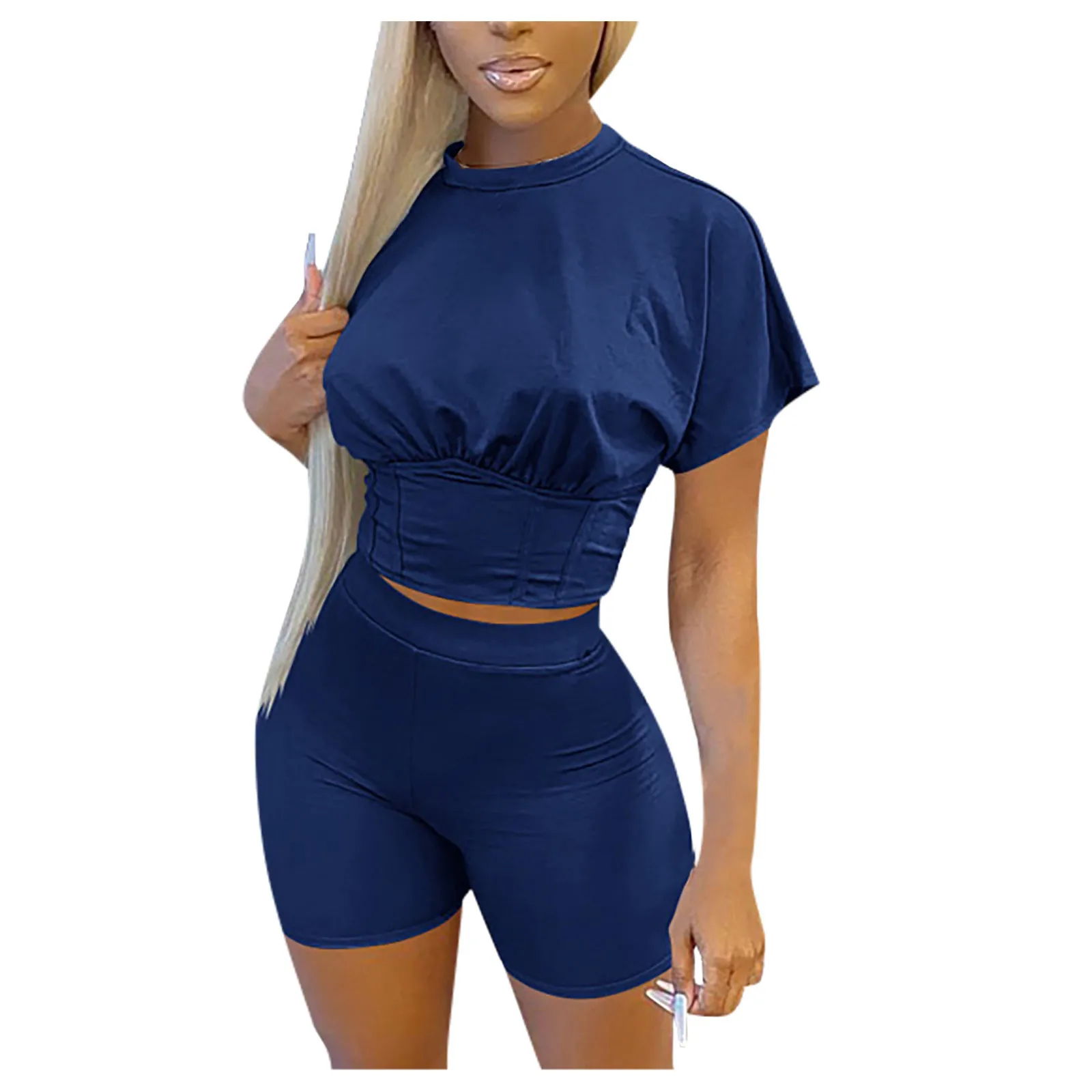 

Womens Tracksuits Pure Color Sports Waist Set Short Sleeve Tops Shorts Set Workout Sportswear Sport Suit Short Suit For women