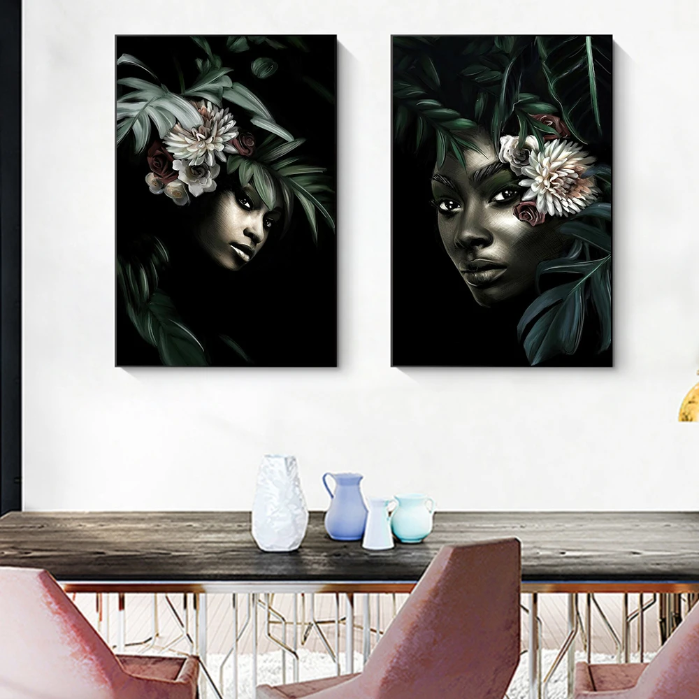 

Modern African Girl Poster Prints Canvas Art Prints Woman Plants and Flower Portrait Painting Wall Pictures Home Room Decorate