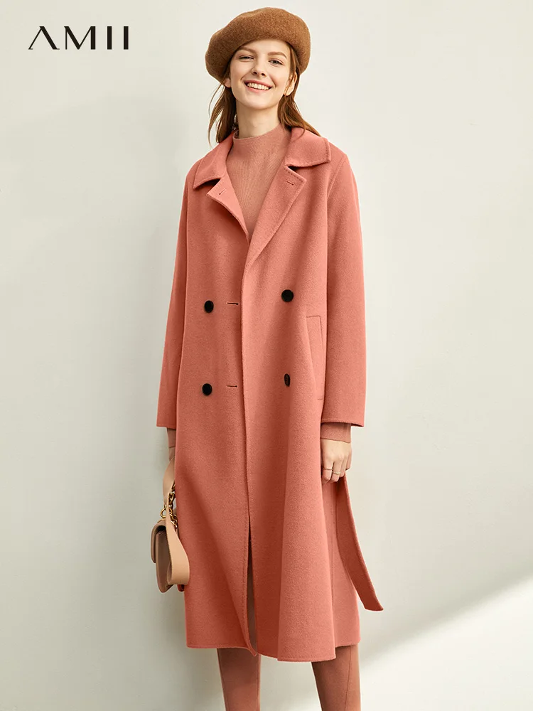 

Женское двухстороннее шерстяное пальто Amii Hepburn, черное Свободное длинное пальто из 2019 шерсти, зима 11980086