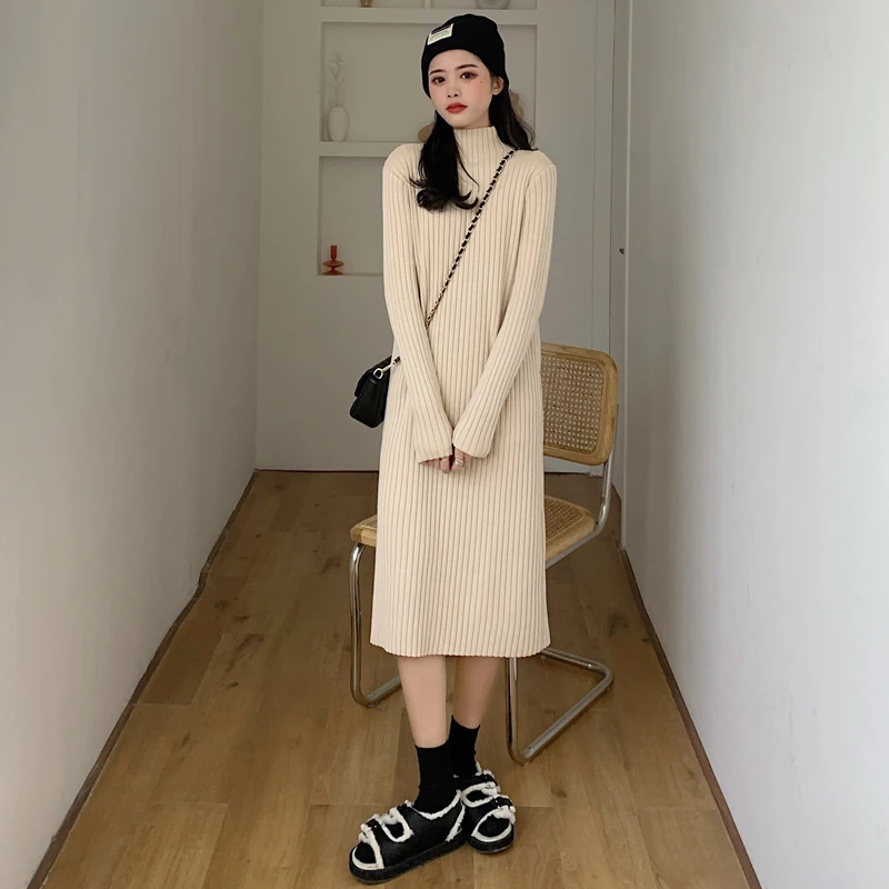 

Autumn and spring long-sleeved knitted dress elegant knitted straight dress women loose long skirt casual chic elegant dress