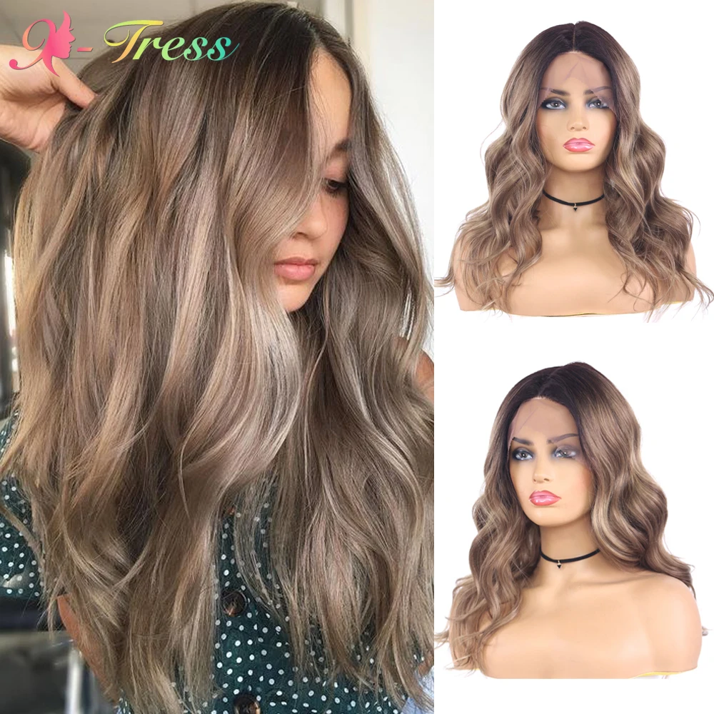 

X-TRESS Ombre Brown Blonde Synthetic Lace Front Wigs For Women Shoulder Length Natural Wavy Middle Part Lace Wig Heat Resistant