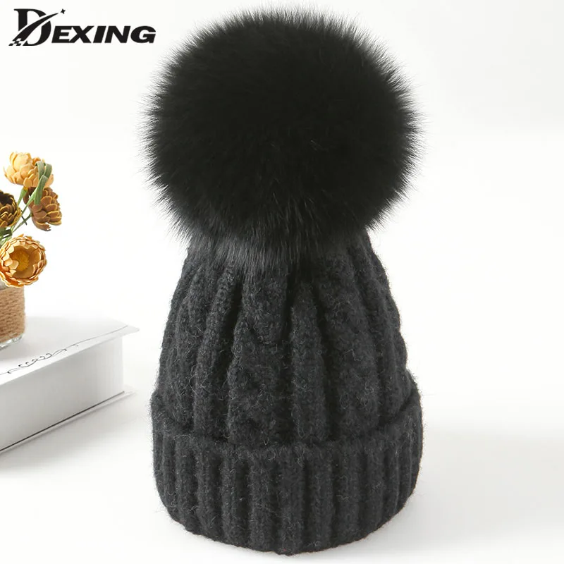 

Ladies Natural Fur Pompom Winter Hat for Women Girl Thick Wool Warm Knitted Hat Striped Skullies BeaniesKids Pom Pom Hat