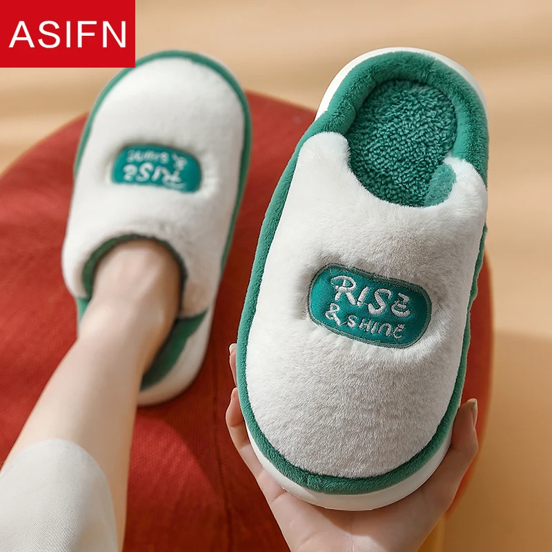 

ASIFN Women's Cotton Platform Slippers Men Winter Home Non-slip Indoor Couple Flat 4cm Thick Sole Warm Plush Zapatos De Mujer