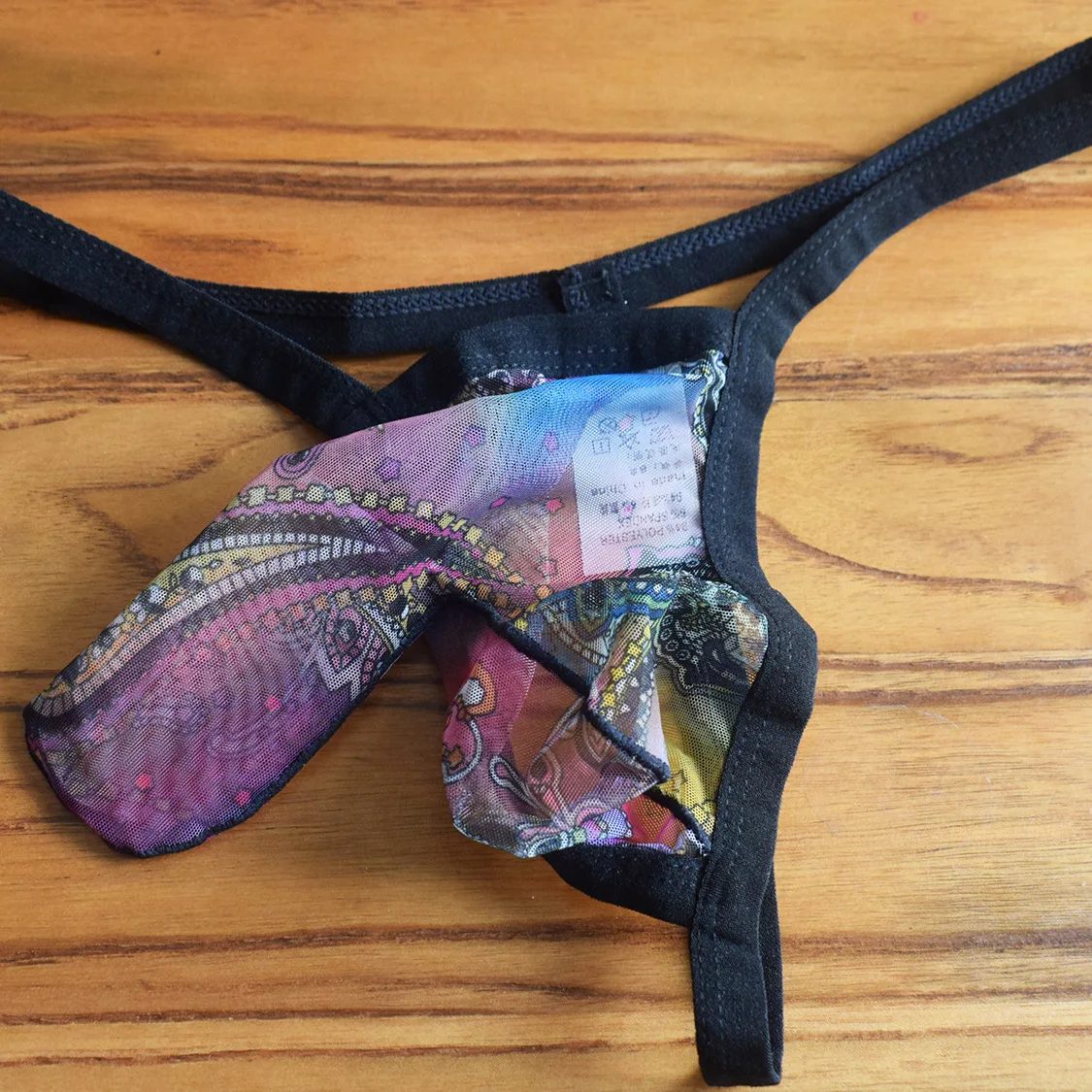 Мужские трусы стринги с принтом черные бикини в богемном стиле просвечивающие Т