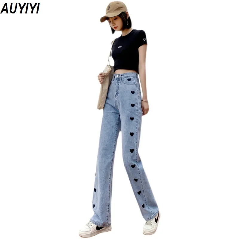 

2021 Fashion New Product Love Embroidered Jeans Women High Waist Slimming Casual Loose Wild Net Red Straight Pants AUYIYI