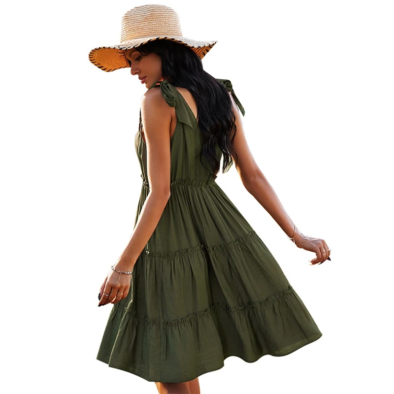 

Sexy Backless Sleeveless Summer Dress Bow V-Neck Elegant Dresses Women Casual Loose Mini Beach Party Sundress