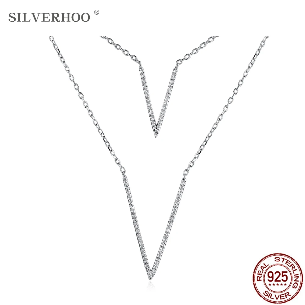 

SILVERHOO 925 Sterling Silver Chain Choker Necklaces For Women Shiny Cubic Zirconia Letter V Double Pendant Necklace Jewelry