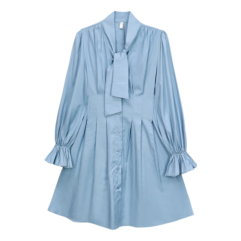 

Real Shot 2021 Spring New Trumpet Sleeve Waist Closing Temperament Slim Long Sleeve Dress Women's Ribbon Pleated DRESS