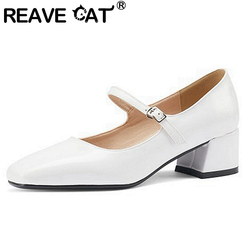 

REAVE CAT New 2021 Women Pumps Square Toe 4.5cm Block Heels Genuine Leather Buckle Simple Classic Big Size 43 Casual A3780
