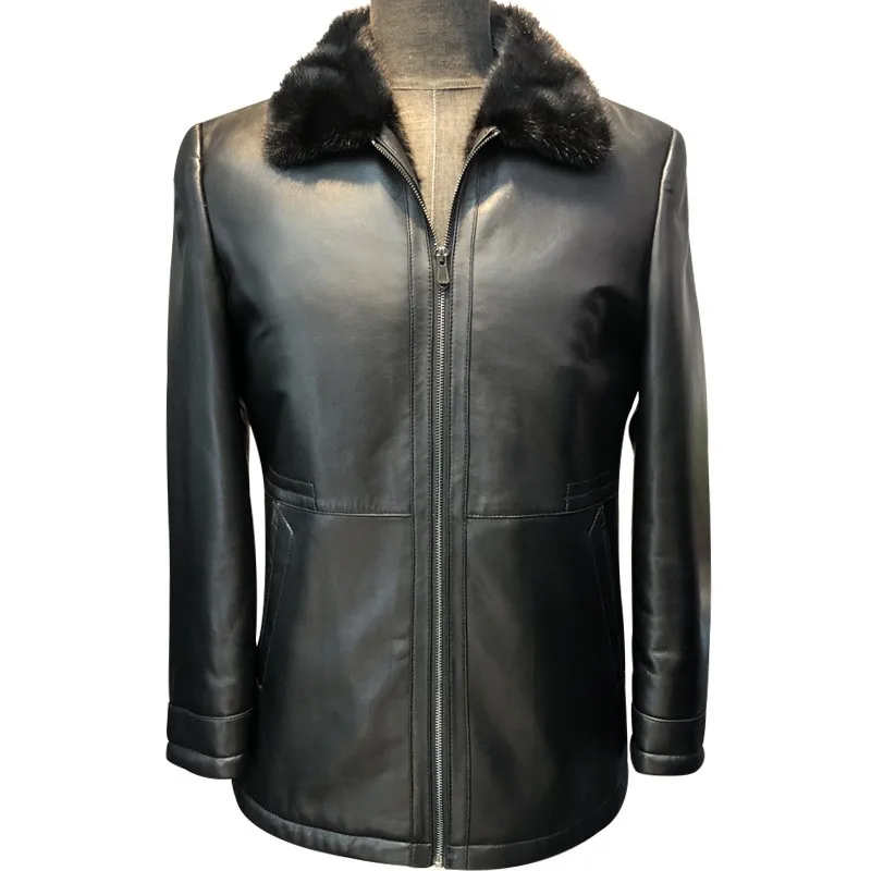 

Business Men Luxury Winter Warm Fur Lining Genuine Leather Jacket Real Mink Fur Collar Shearling Coat Slim Fit Outwear Overcoat