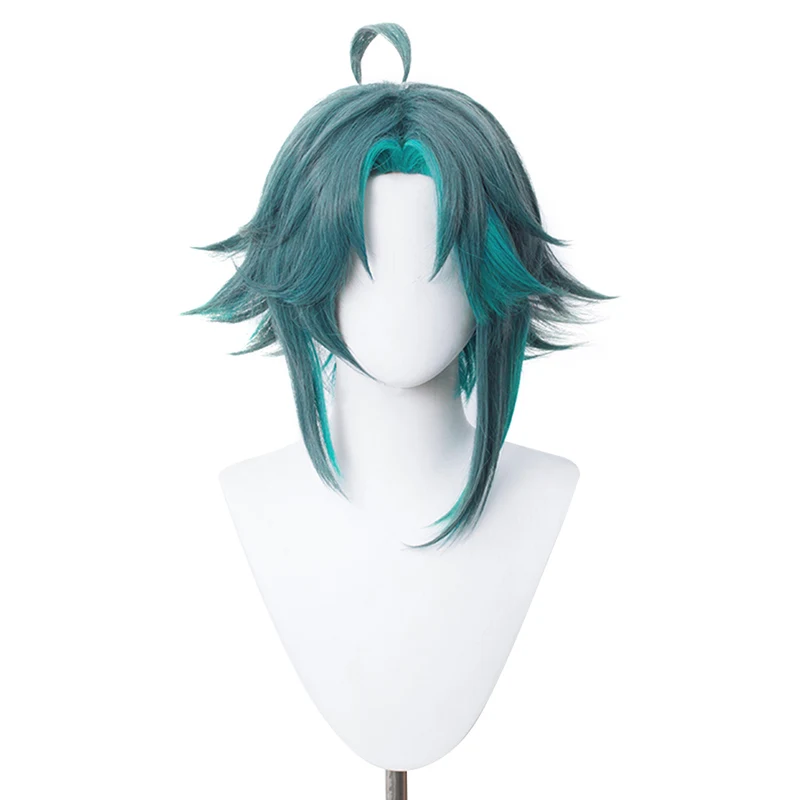 

Genshin Impact Xiao Cosplay Wig Mixed Dark Green Blue Short Heat Resistant Hair Adult Halloween Anime Role Play