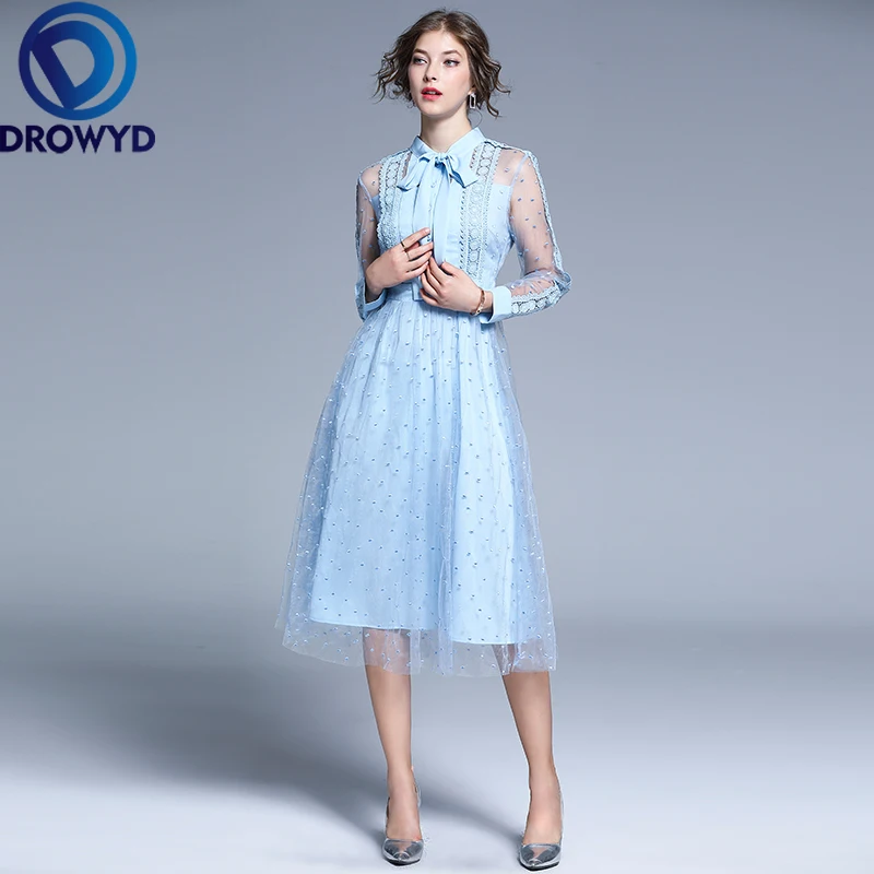 Женское Сетчатое платье средней длины элегантное осеннее Повседневное небесно