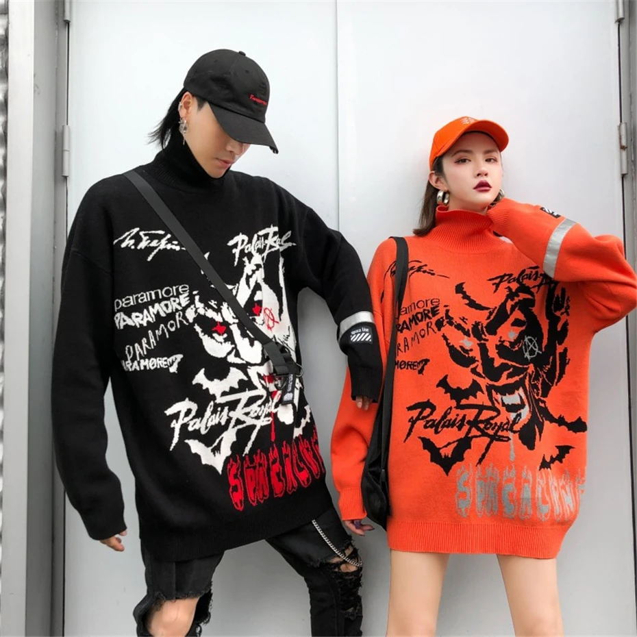 Harajuku вязаные свитера с высоким воротом для мужчин и женщин хип хоп клоун печати свободный пуловер свитер уличная Мужская зима WG608